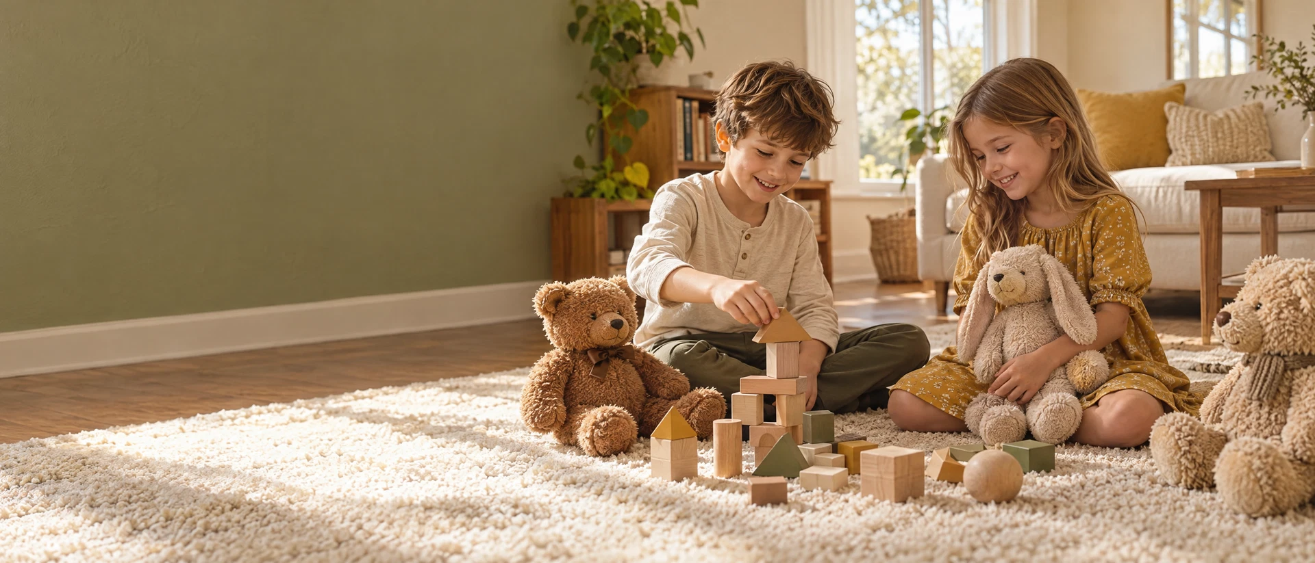 Two children playing with unbranded plush toys in a sunlit room